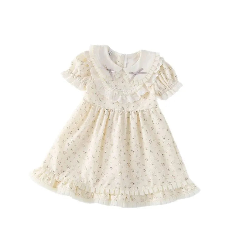 Beige cotton floral dress with lace trim and short sleeves for girls height 90-130cm