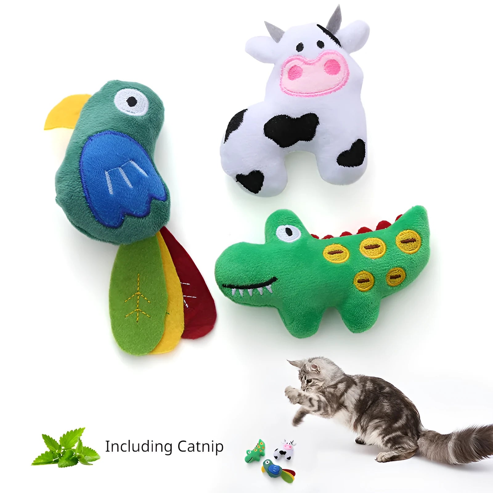 Plush cat toy in shape of cow, crocodile or parrot with catnip filling for interactive play