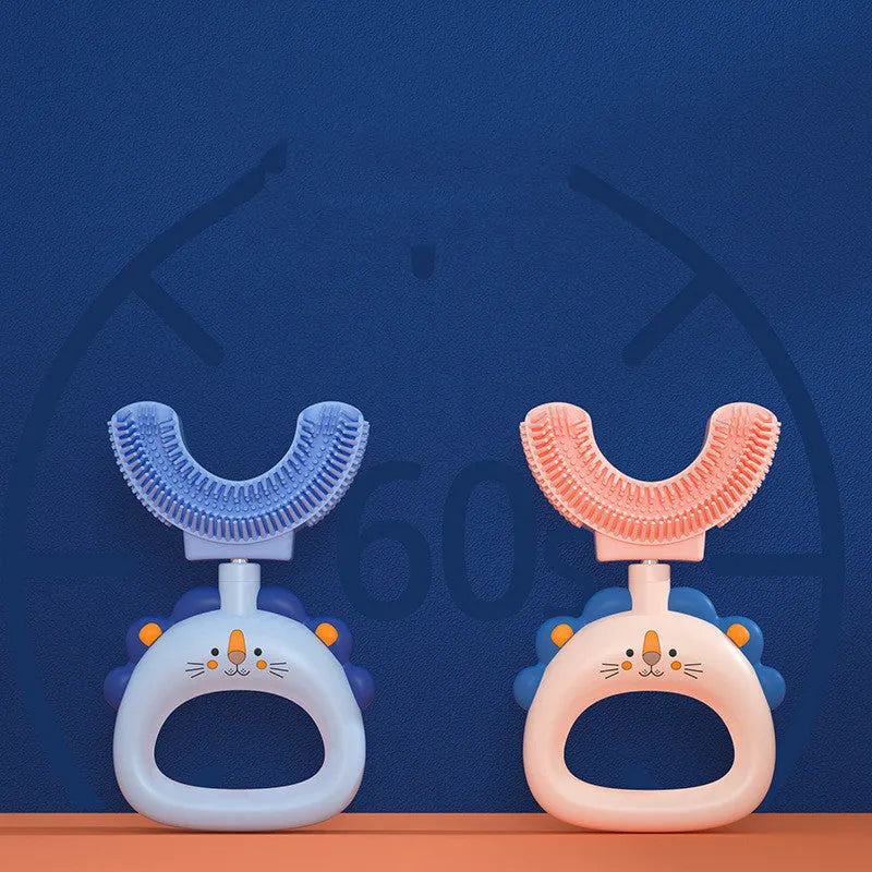 Children's U-shaped silicone toothbrush in blue or pink, little cute lion design, for ages 2-6 and 7-14, food grade silicone
