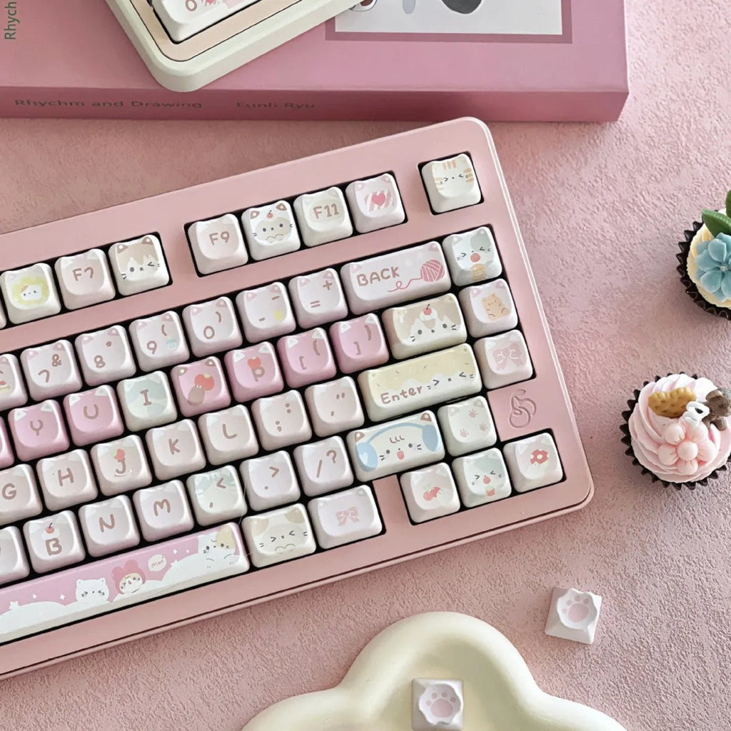 Meow Meow Team Height themed full set of 141 sublimation printed plastic keycaps for mechanical keyboards.