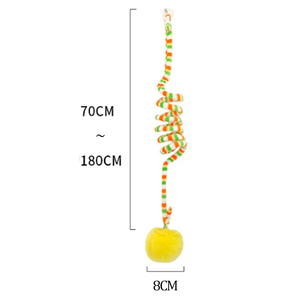 Spring cat toy with bell stick and inflatable ball hanging from door with suction cup