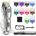 Silver rechargeable hair clipper with LED LCD display, 10 guide combs, and USB cable on a table