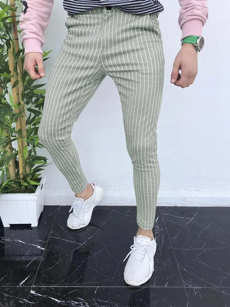 Men's slim fit plaid casual trousers with straight leg design and micro-elastic fabric
