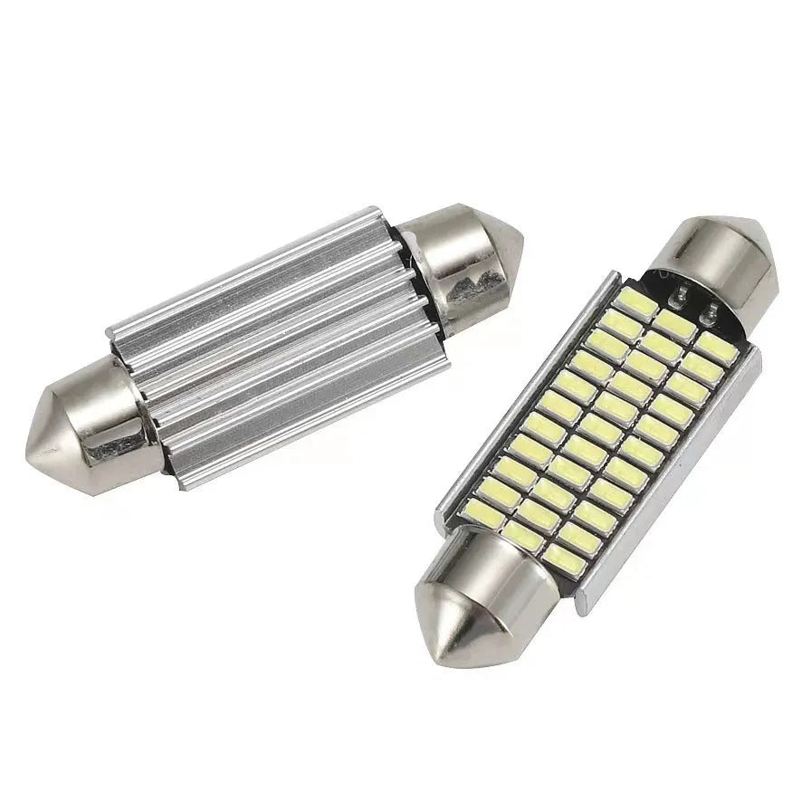 White aluminium car roof interior light with double tips for decoding, shown with LED array.