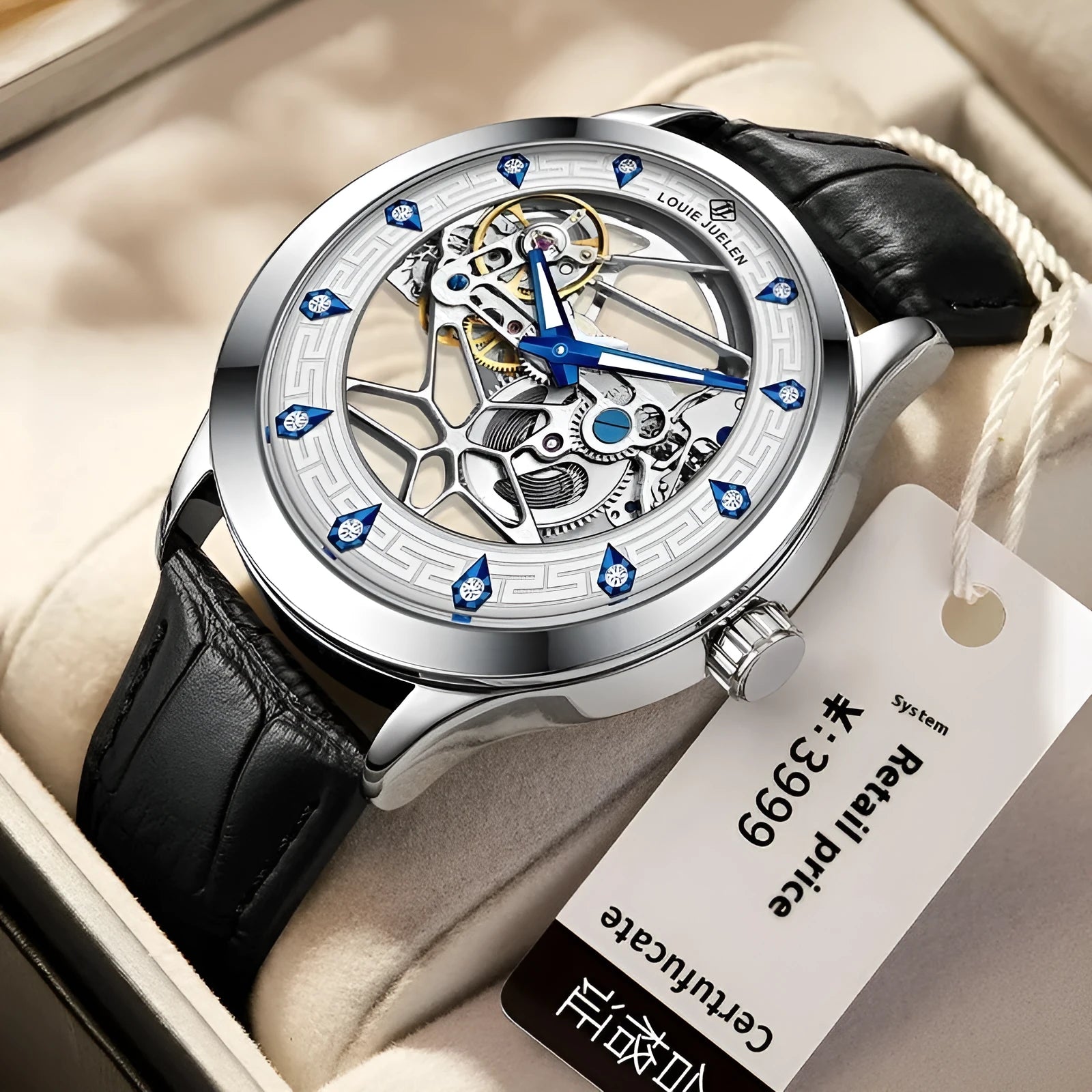 Men's silver stainless steel mechanical watch with black leather strap and white dial