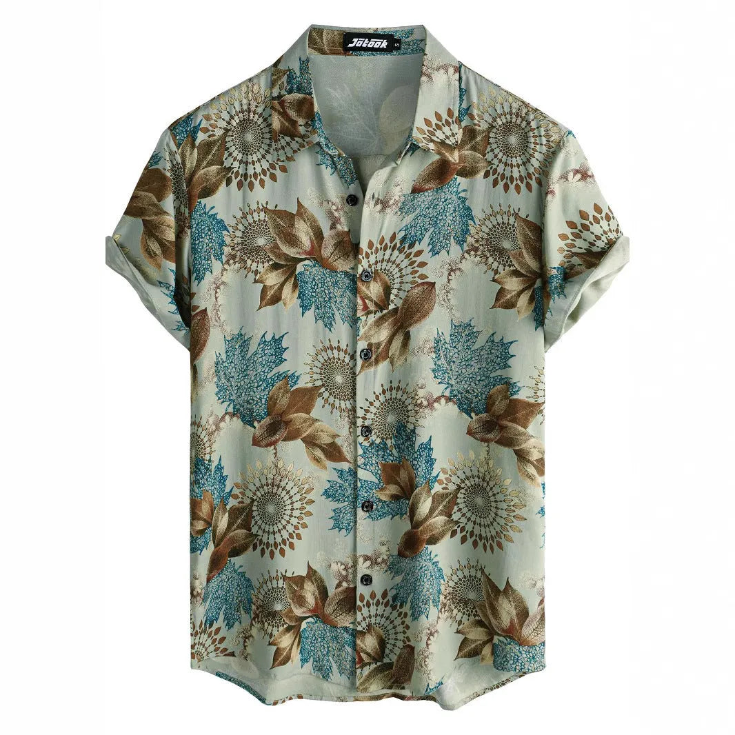 Man wearing a short sleeve Hawaiian print shirt with floral pattern and elastic fabric.