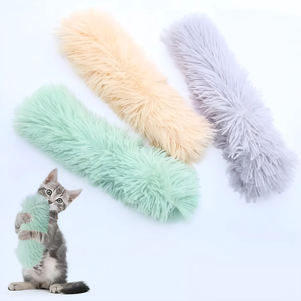 Interactive cat pillow toys with crinkle sound and catnip in various colours including blue, grey, pink, white, and yellow