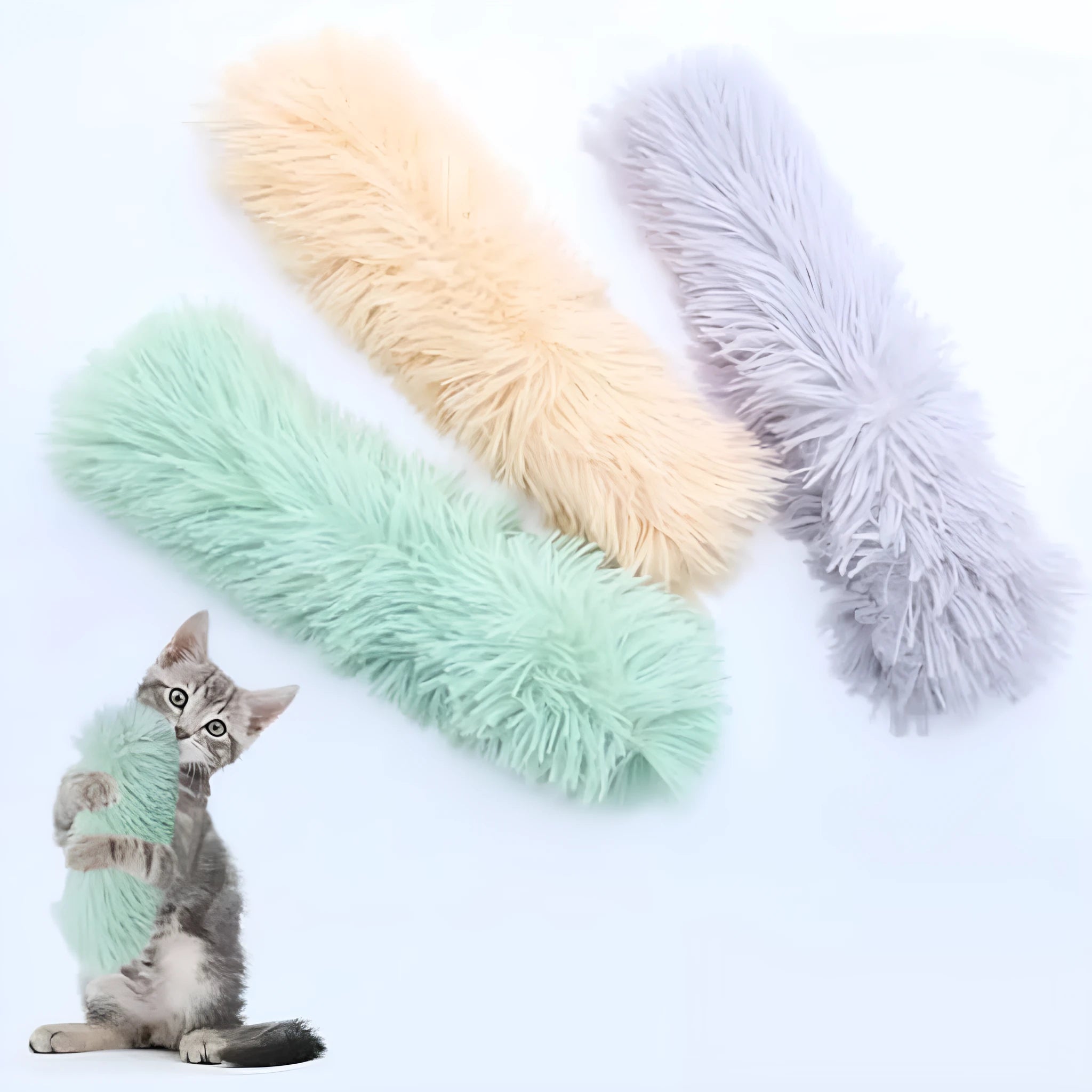 Interactive cat pillow toys with crinkle sound and catnip in various colours including blue, grey, pink, white, and yellow