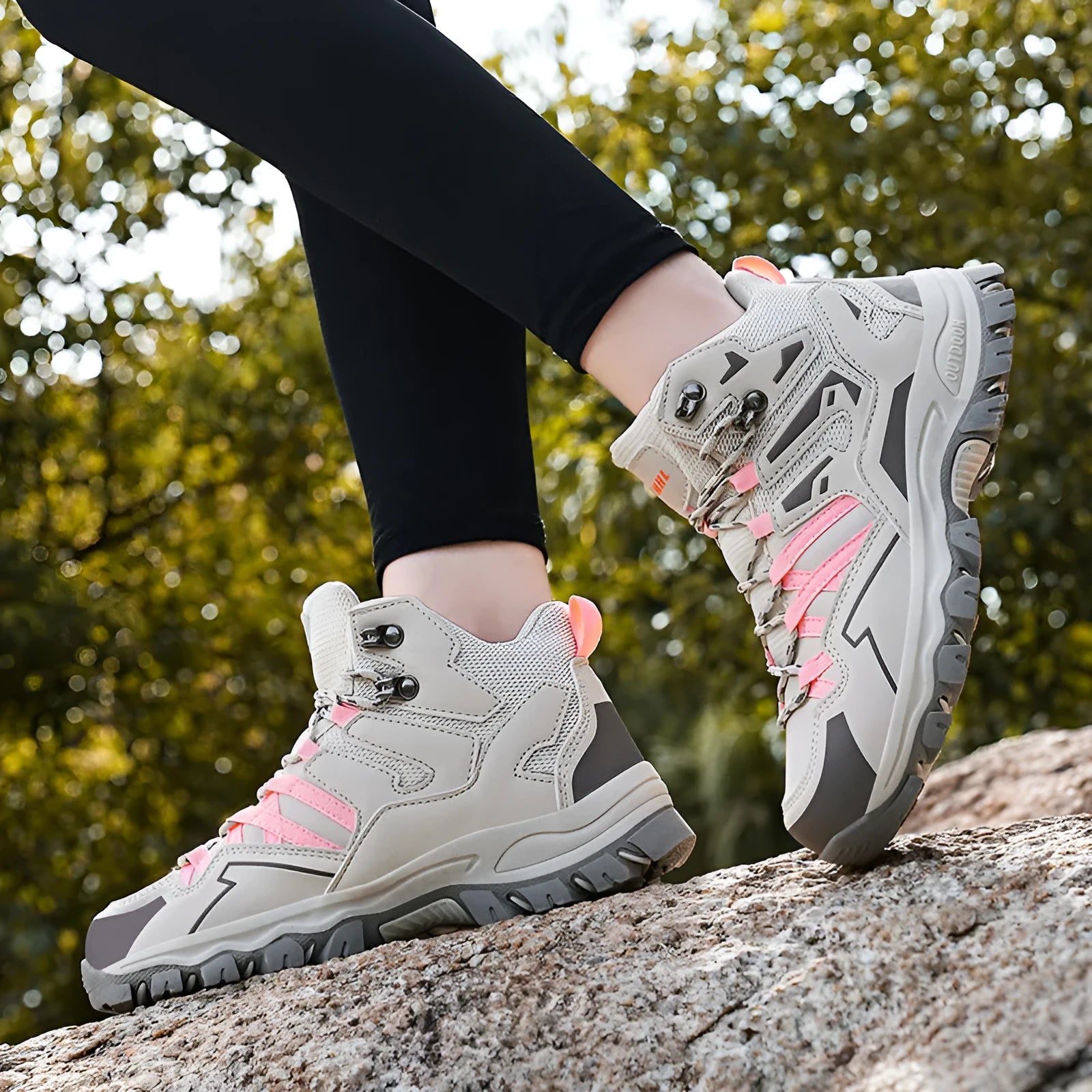 Same high-top outdoor hiking sneaker in multiple colours with lace-up front and natural rubber sole.