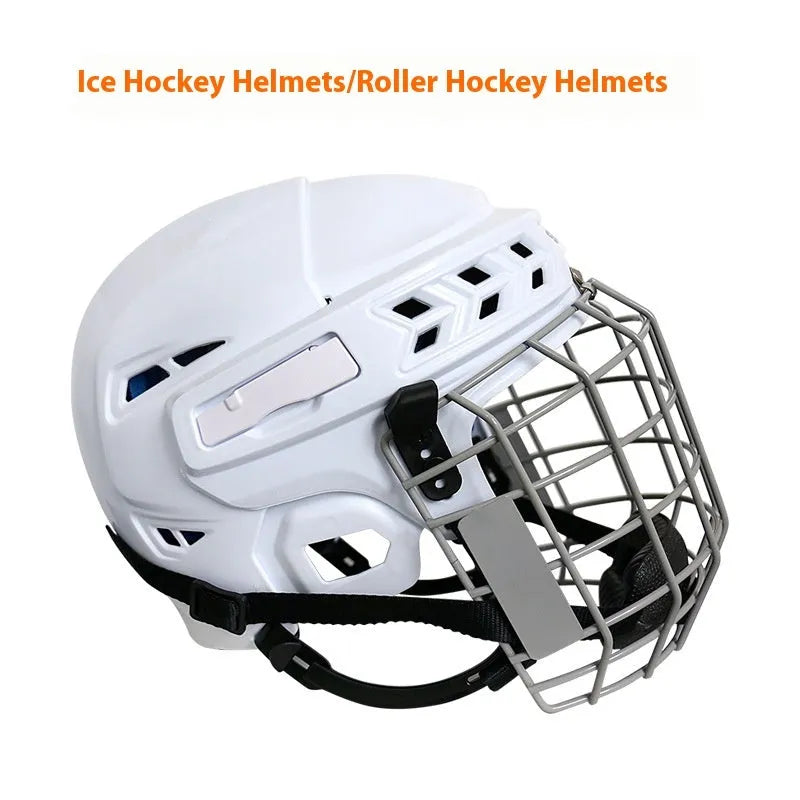 Ice hockey helmet with integrated carbon steel face mask showing PP shell and EVA lining, displayed in size L.