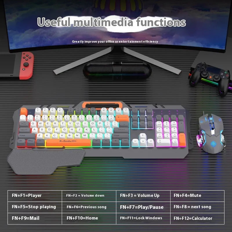 Blue wired gaming keyboard and mouse set with backlighting on desk