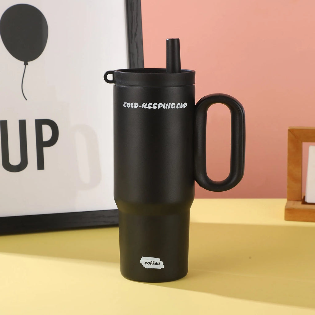 Large insulated straw cup with handle in multiple colour options showing temperature retention features