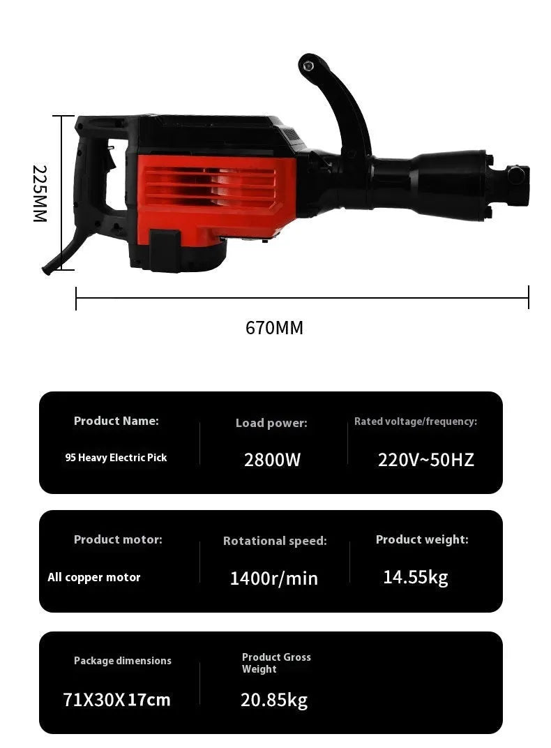 Concrete industrial grade 95 electric pick heavy duty with hexagonal chuck and power cable