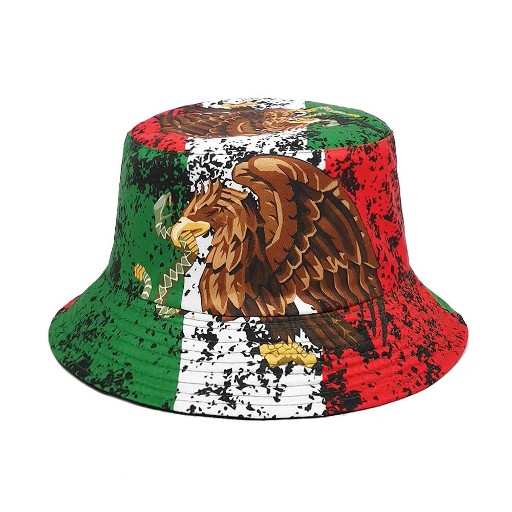 Retro style bucket hat with eagle pattern, dome crown, made from polyester fabric.