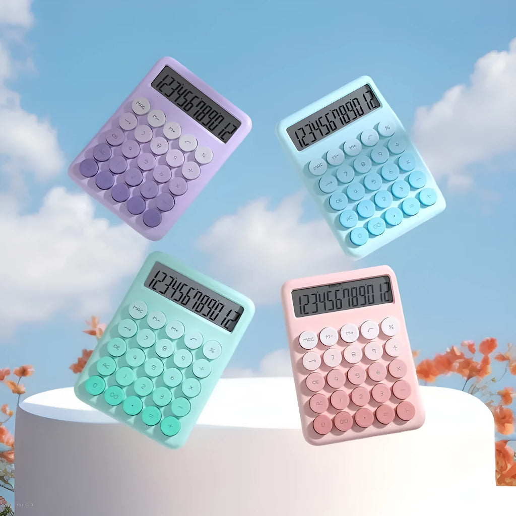 Dopamine gradient colour desktop calculator in violet, pink, blue, or green on a desk.