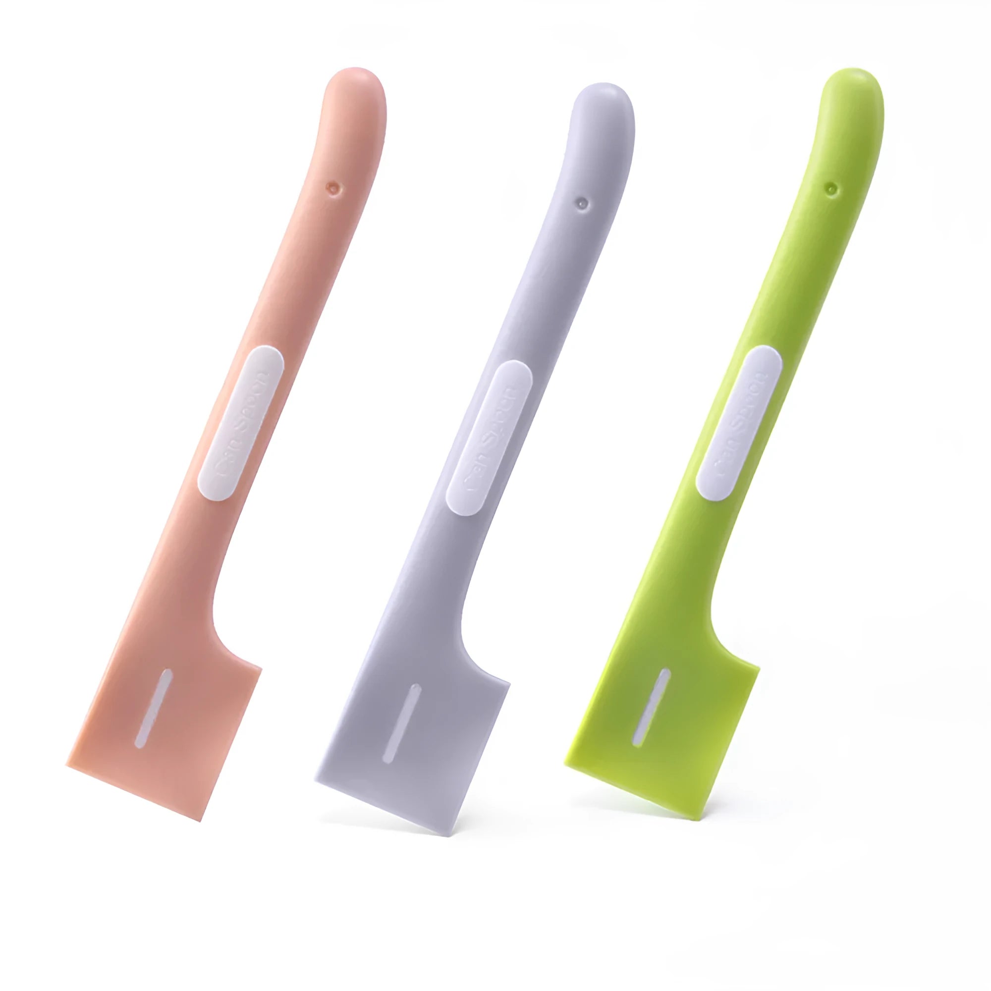 Green, pink, and purple long-handle TPR spoons for scooping canned wet food for cats and dogs.