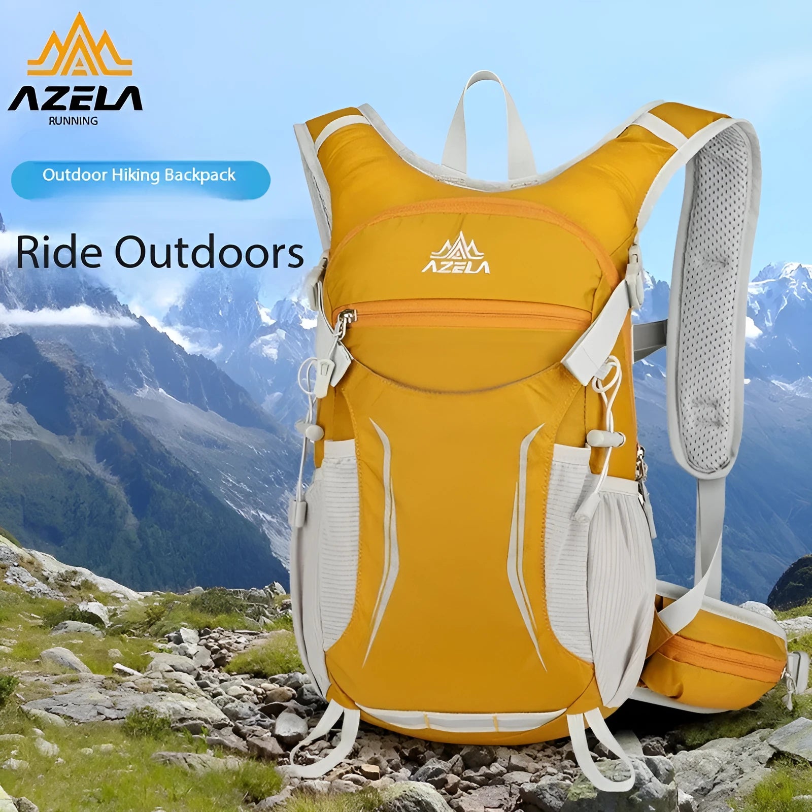 AZELA lightweight hydration backpack in breathable mesh with multiple compartments for trail running and hiking