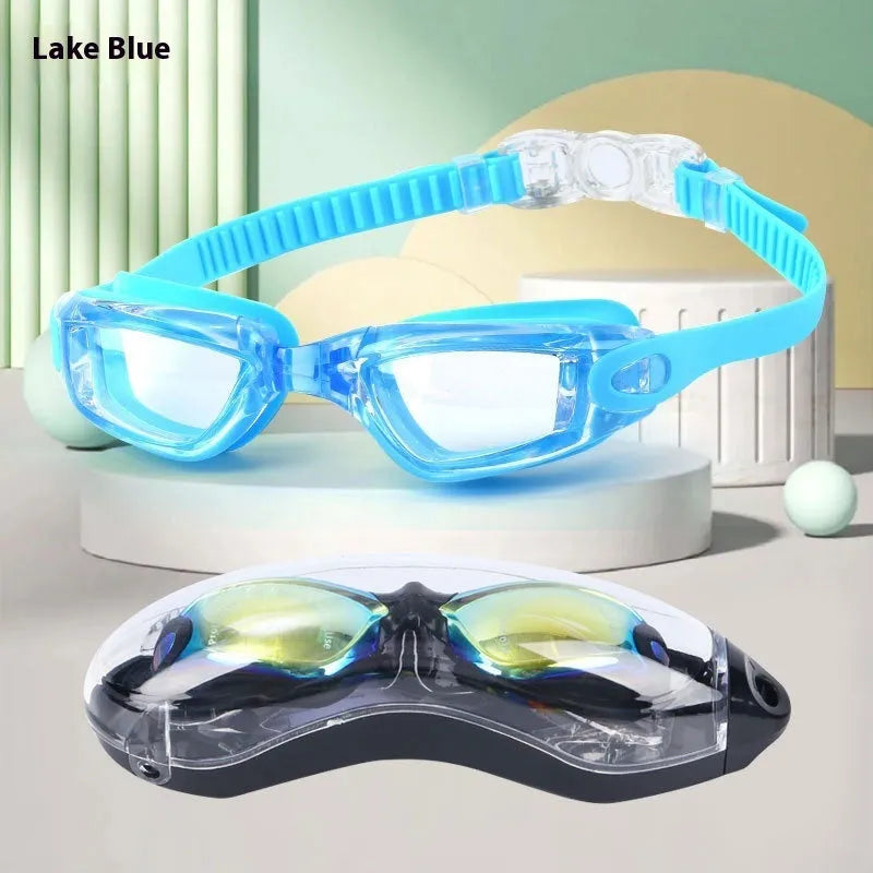 Children's large frame anti-fog swimming goggles in blue with silicone straps and glasses case