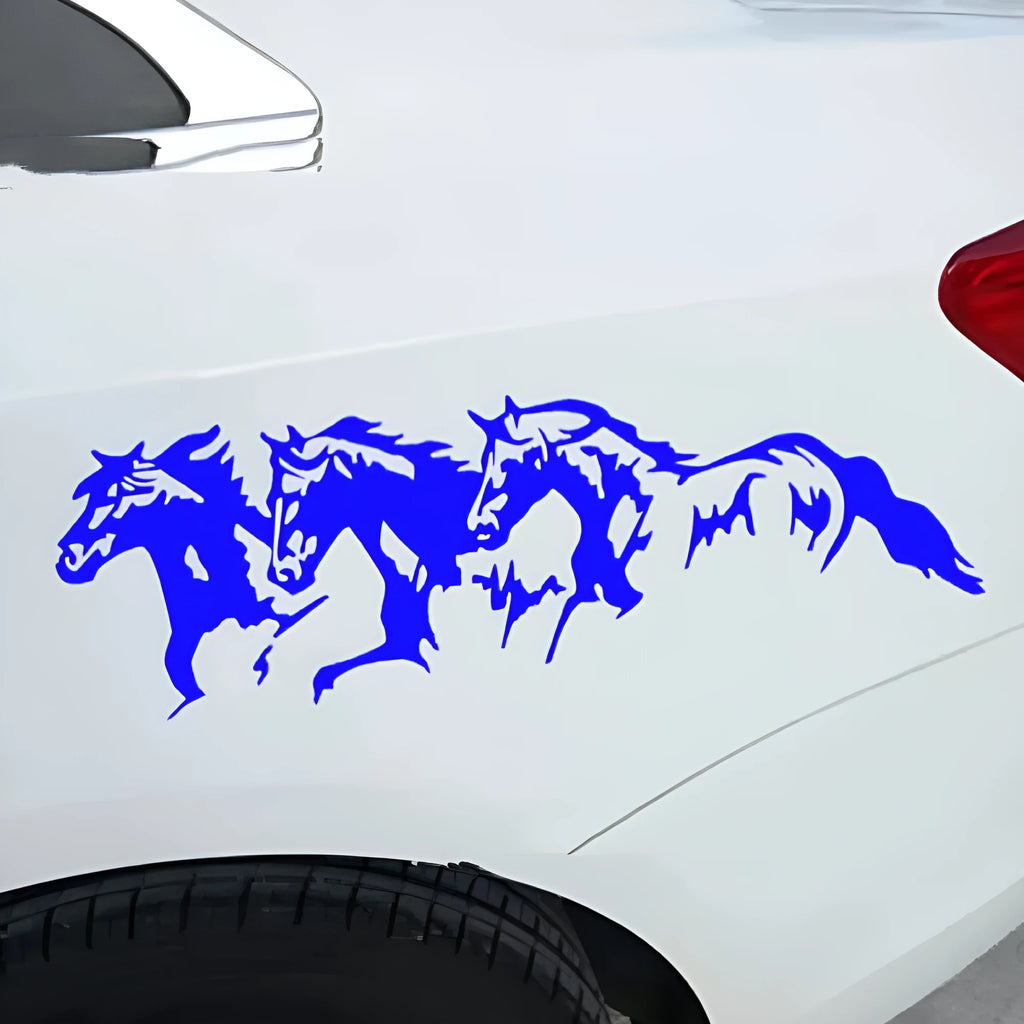 Three horses motif car decal sticker in black, measuring 25 by 8 centimetres.