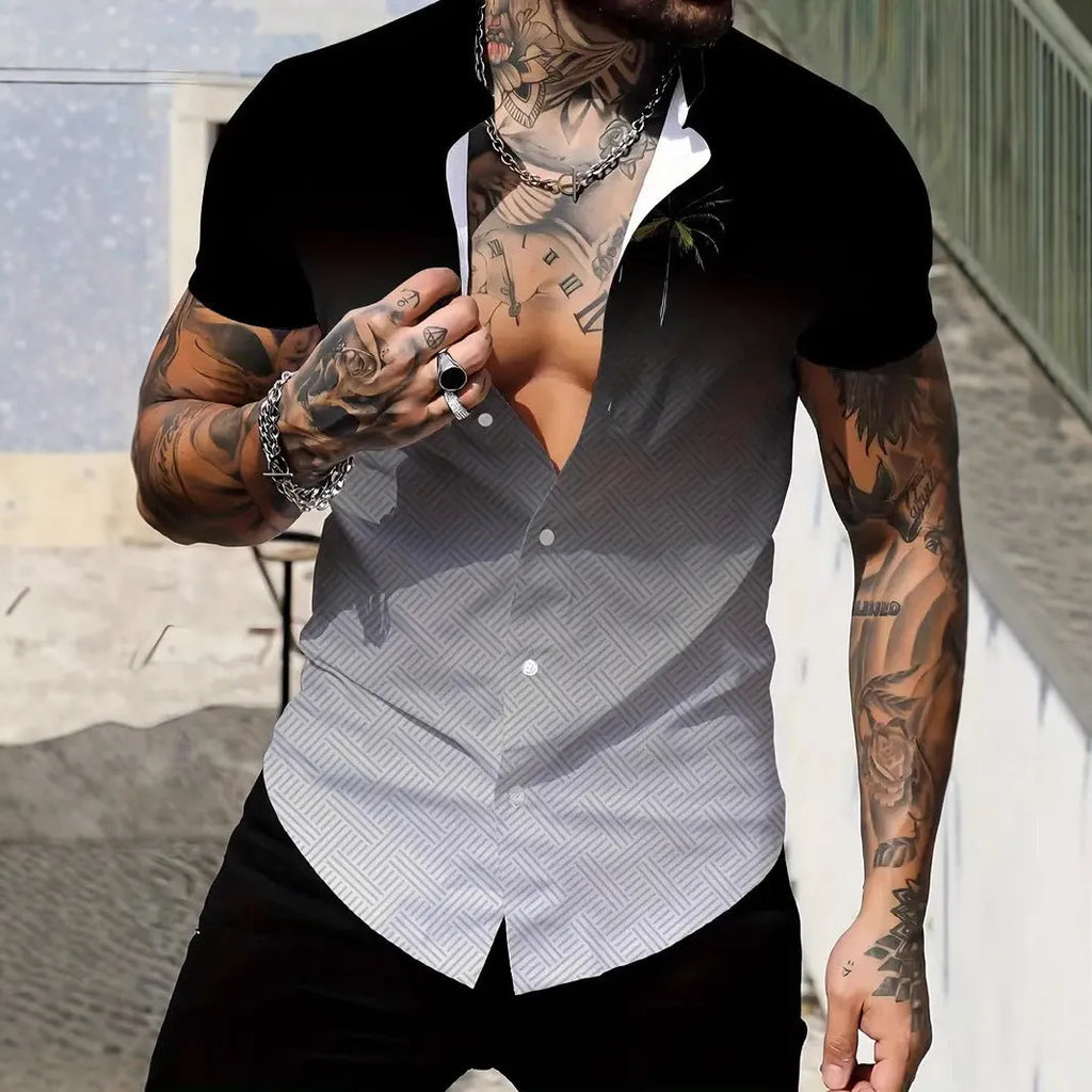 Men's slim fit geometric line printing lapel short sleeve shirt in cardigan style