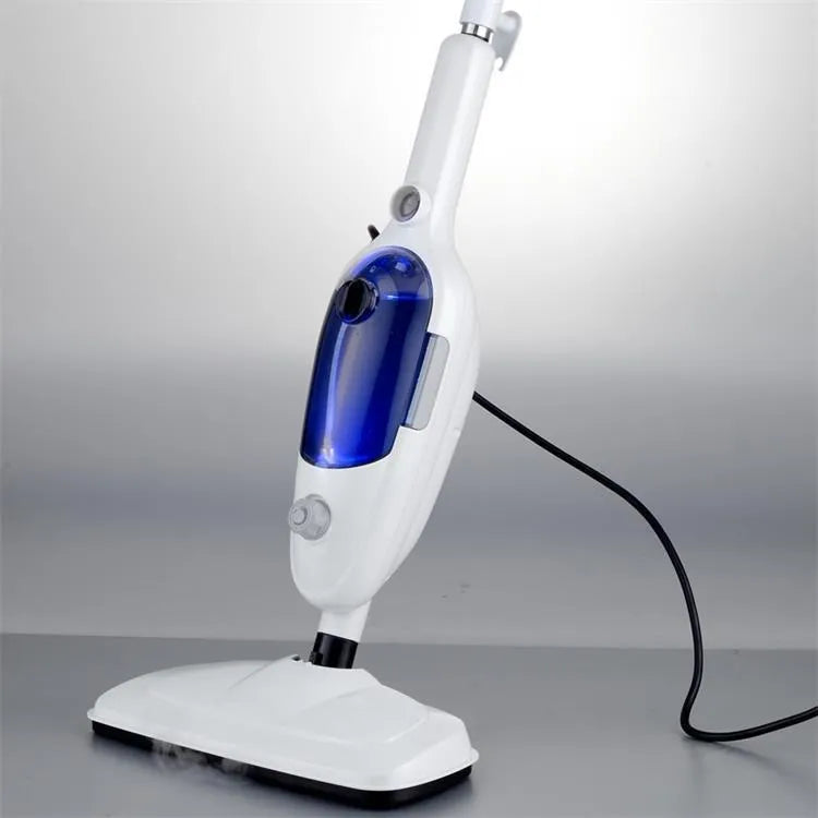White steam mop with rectangular chassis, 1300W power, 10-in-1 cleaning accessories set, and carpet glider for hard floor cleaning