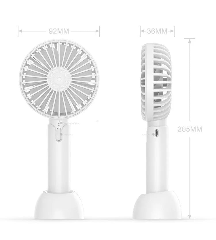 Blue handheld mini USB electric fan with three speed buttons and a shaking head.