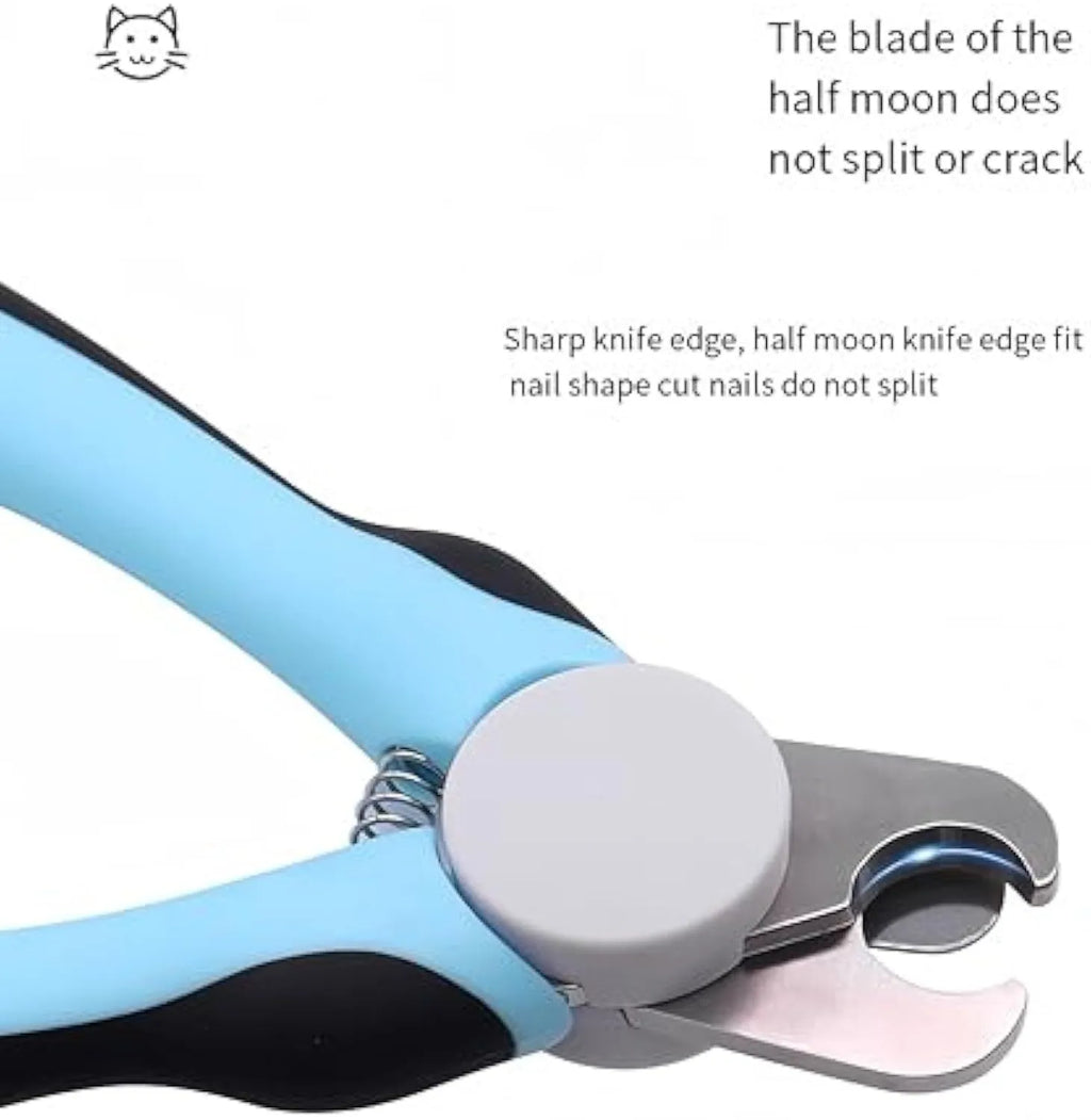 Blue heavy-duty dog nail clippers with safety guard for large breeds, shown with size scale.