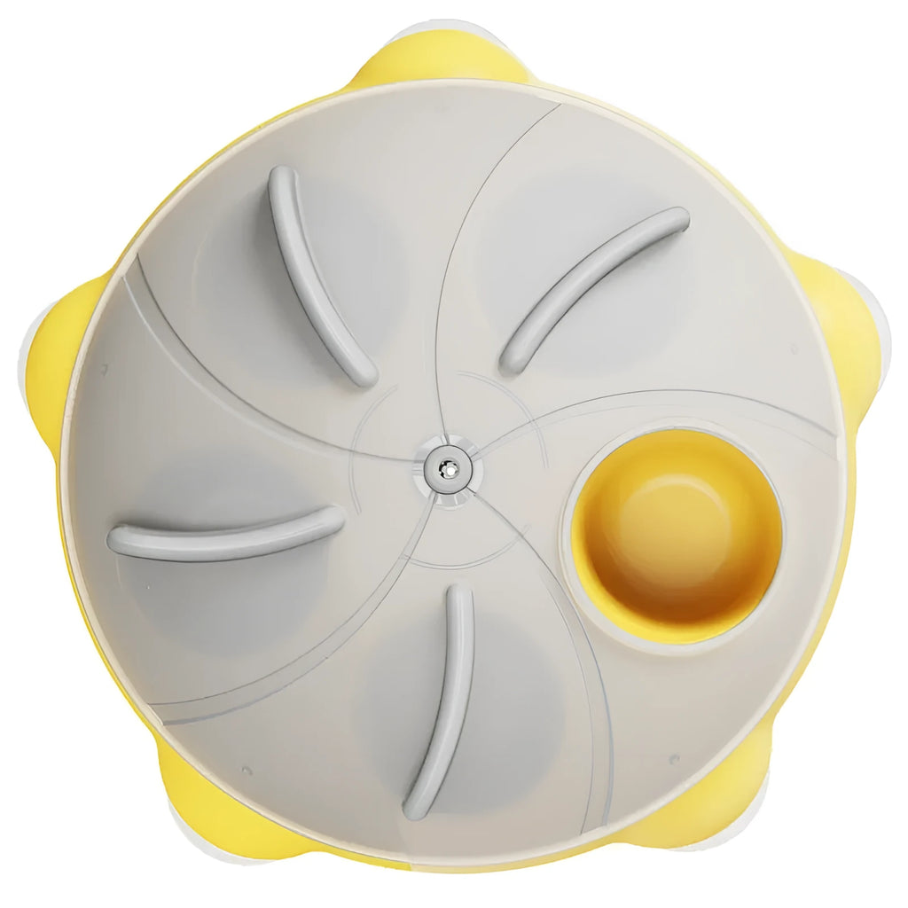 Yellow cat snack bowl puzzle plate with compartments for kibble and treats