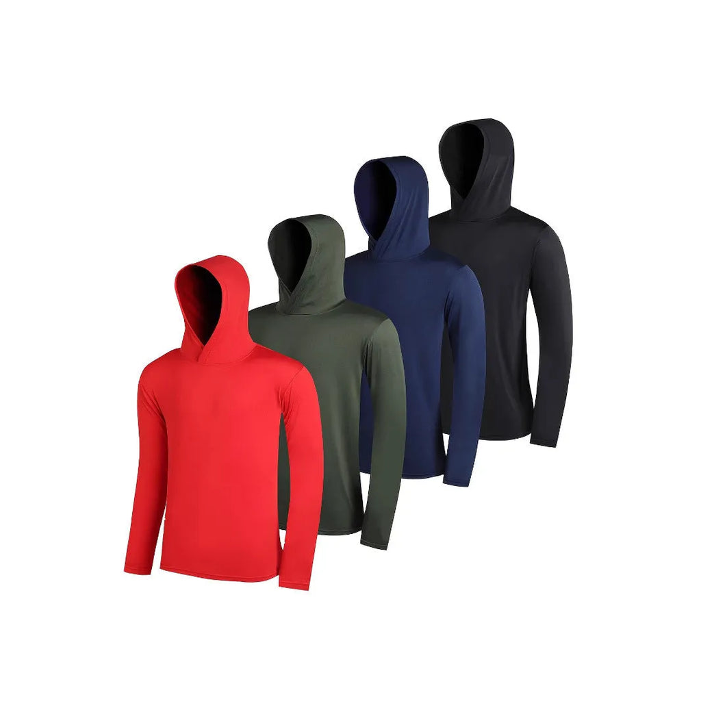 Four-pack of men's lightweight polyester hoodies in assorted colours on hangers