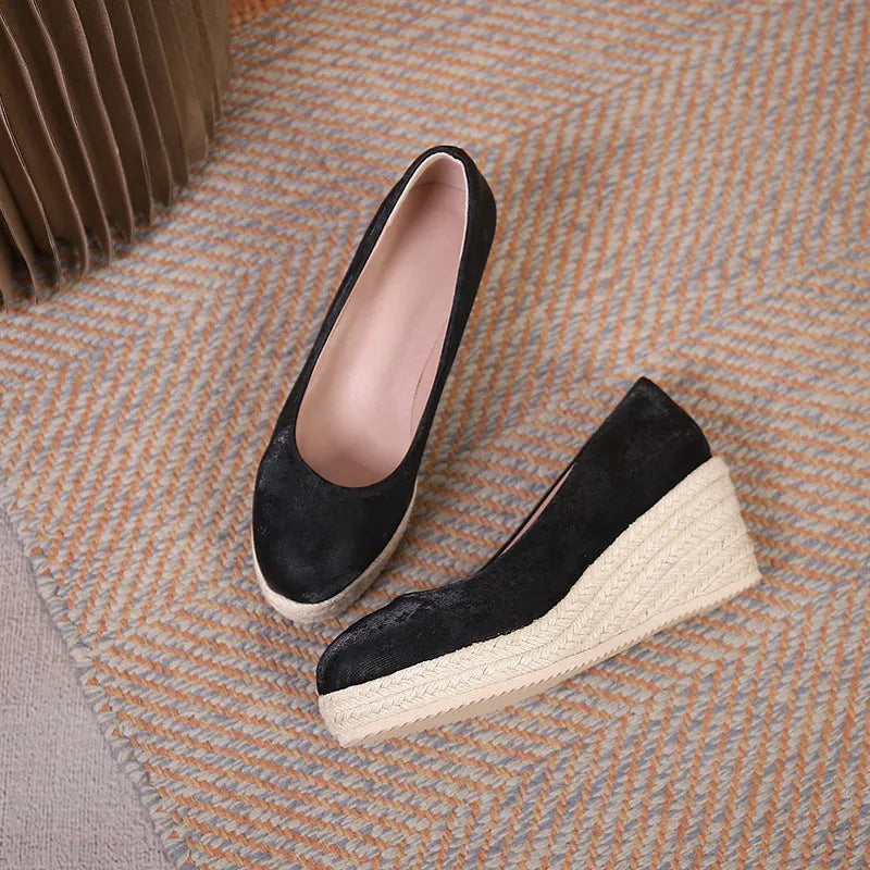 Women's wedge high heel pumps in apricot with rope detail on the heel and a shallow mouth opening.