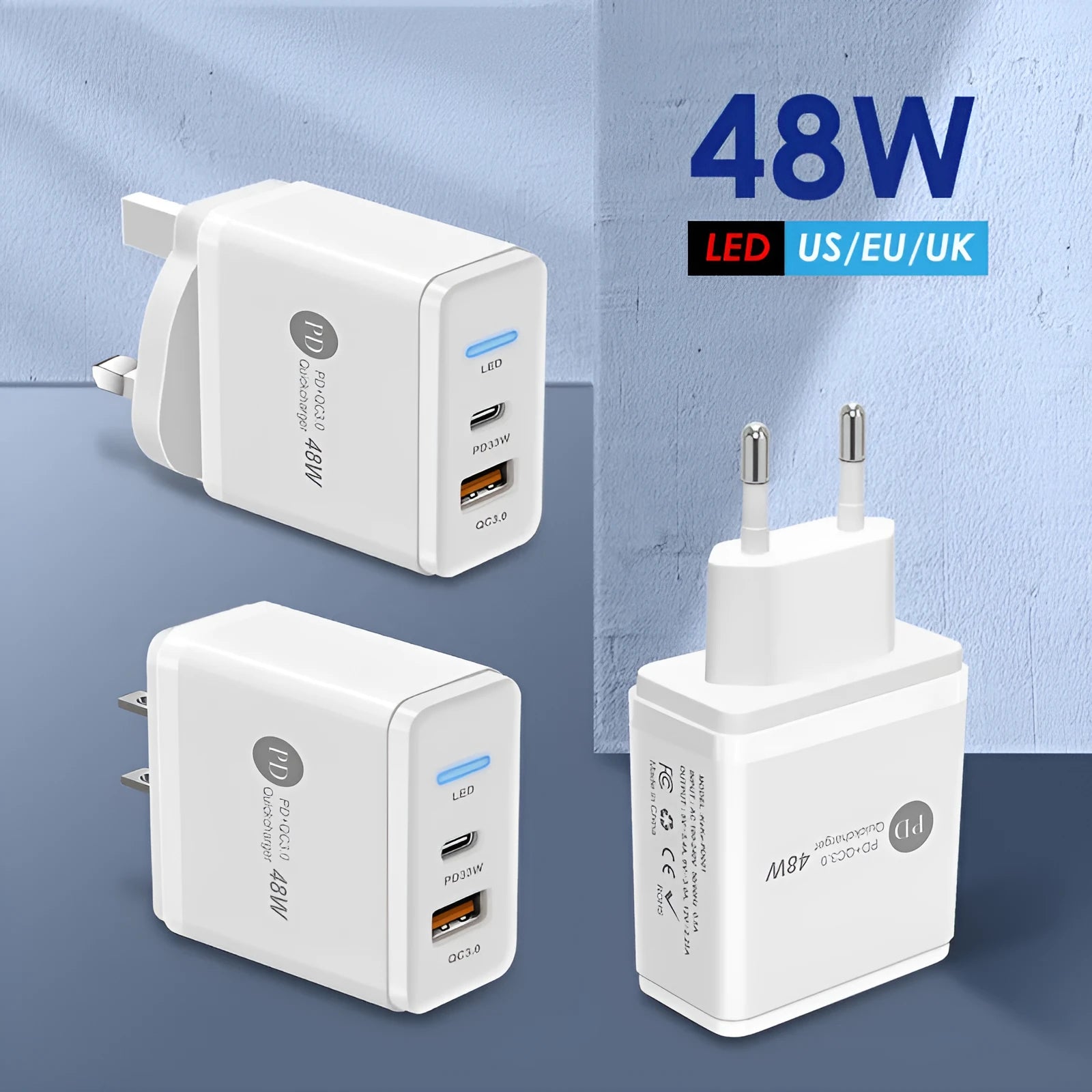 PD48W fast charging travel charger with Type-C USB port and international plug options