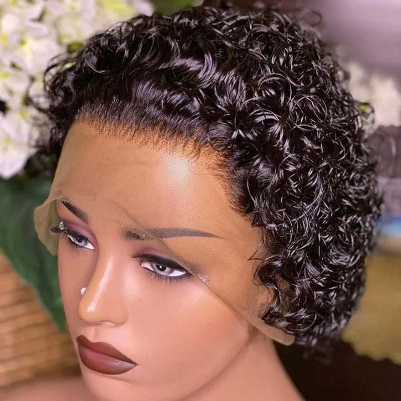 Black human hair pixie wig with lace front in dark brown/black colour 13x1.
