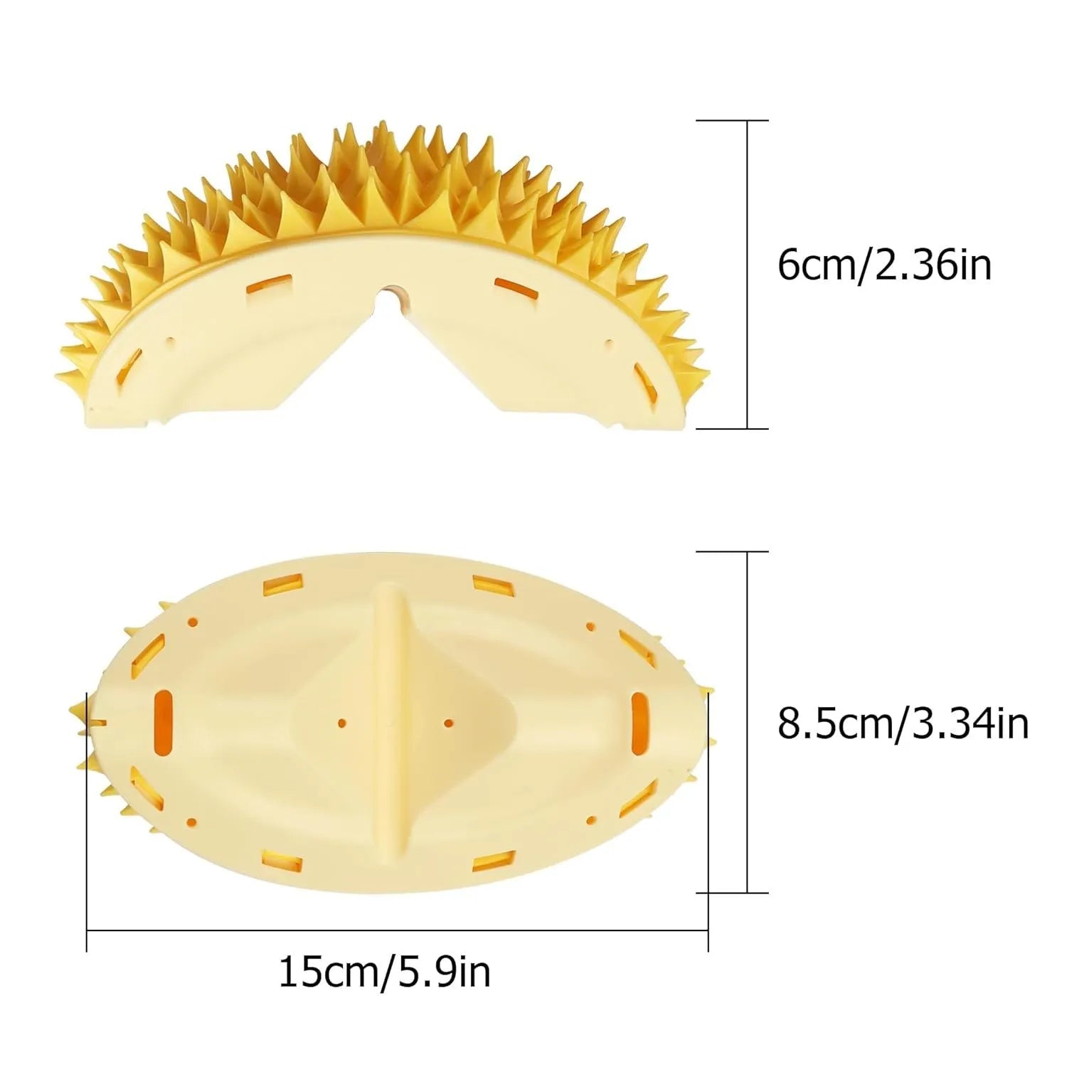 Yellow durian-shaped cat corner scratcher and grooming comb toy for indoor cats