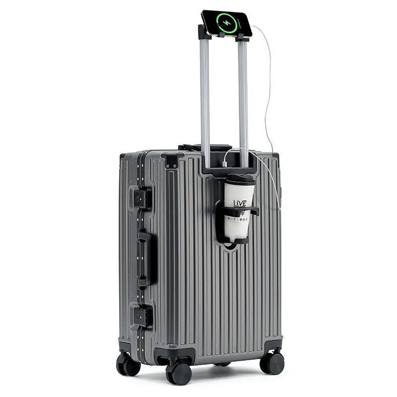 Aluminium frame trolley suitcase in avocado green with wheels and a USB port.
