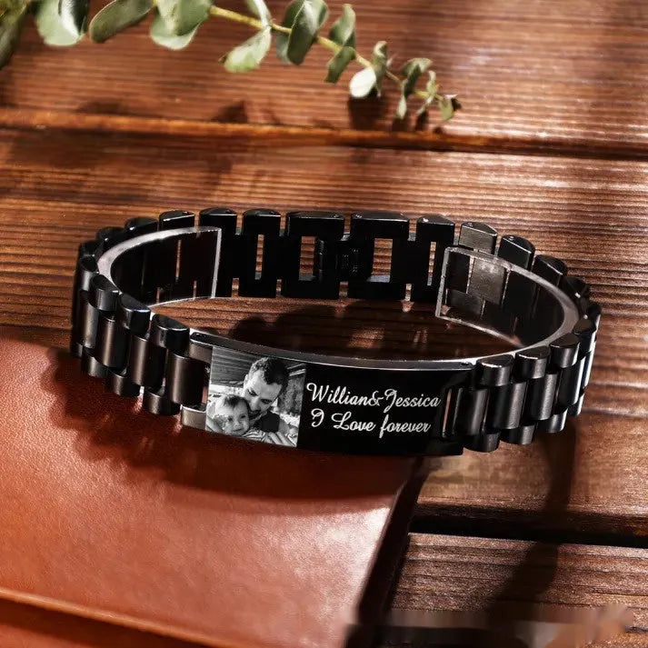 Titanium steel bracelet with curved heart design and personalised lettering in black or grey options