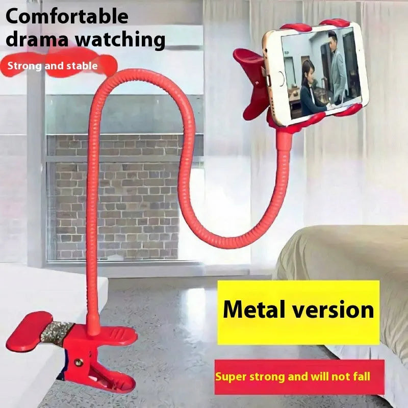 Metal lazy stand gadget with phone clip in black on a desk showing 95cm height and rotary head