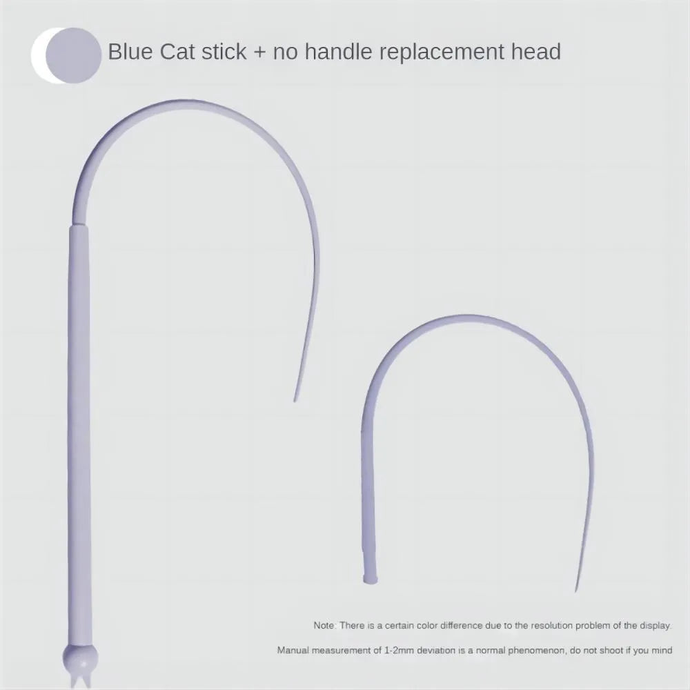 Blue cat teasing wand with long silicone mouse tail and cat head handle on white background