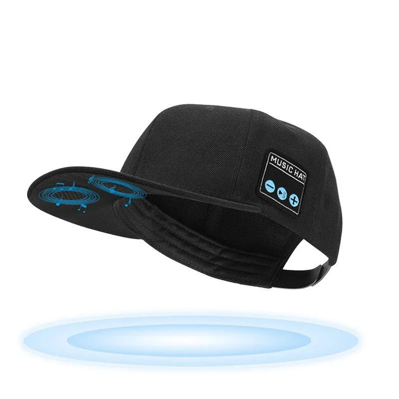 Wireless Bluetooth audio baseball cap in navy blue with built-in stereo headphones for music and calls