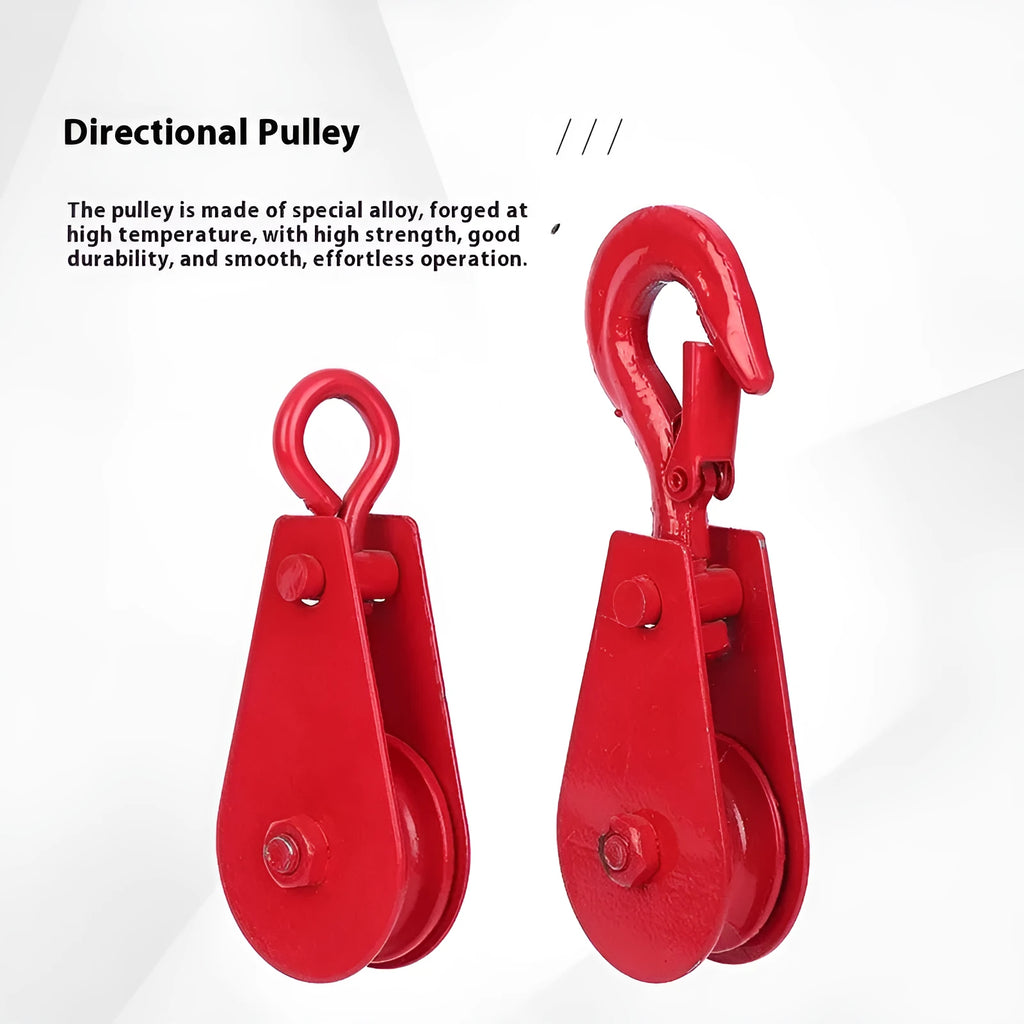 Red industrial single sheave lifting pulley with a forged steel hook and safety latch.