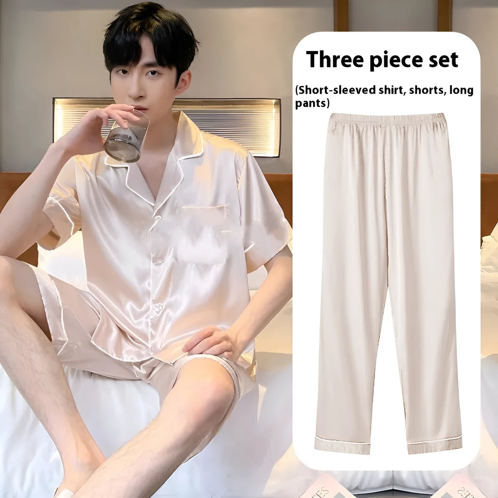 Men's thin Ice silk three-piece home wear set showing shorts and trousers in one of seven colour options.