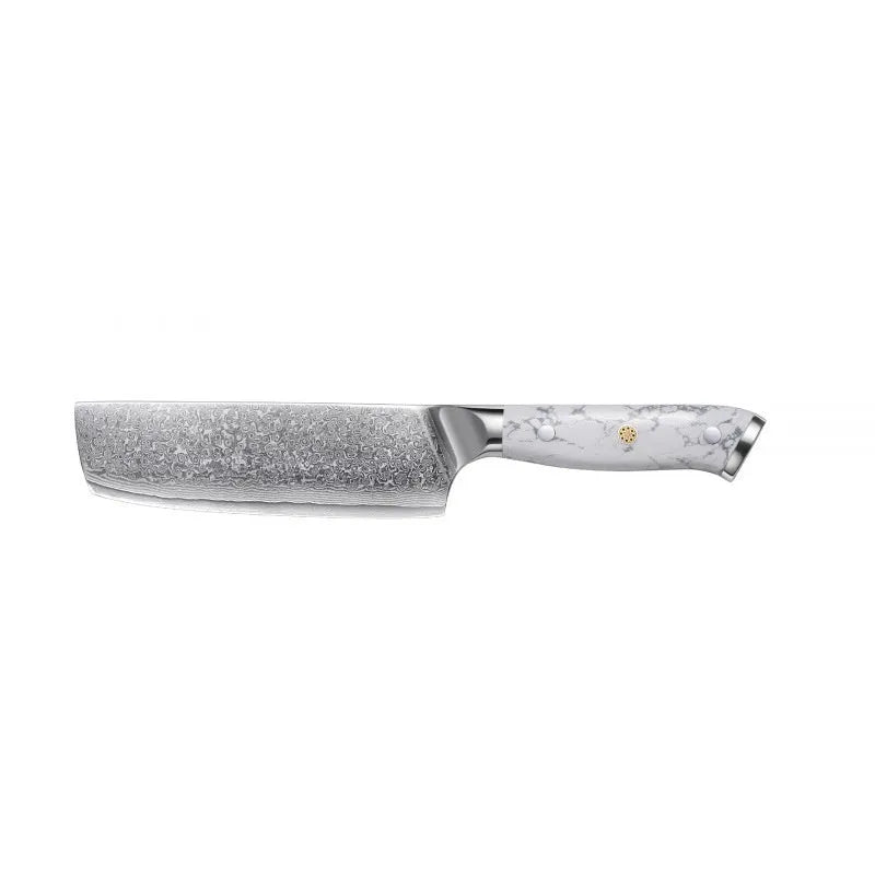 VG10 Damascus steel chef's knife with 21cm blade on a kitchen counter.