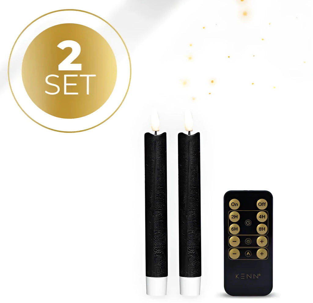 Black S2 3D Flame LED Taper Candle showing realistic flickering light effect on a dark surface.