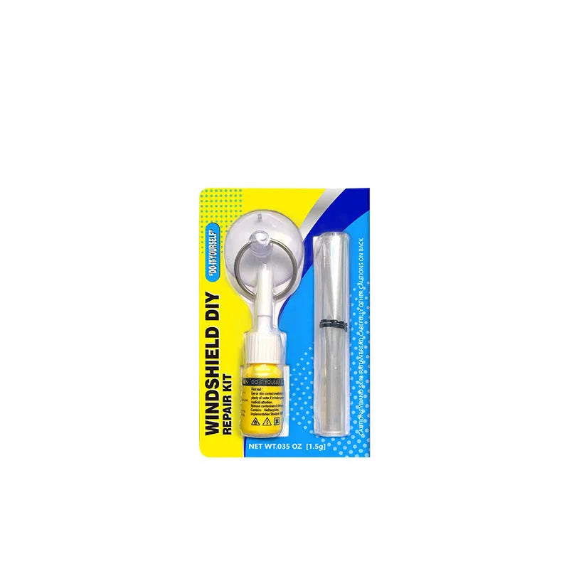 Car windscreen crack repair kit with plastic applicator and broken glass corrector for DIY windshield fixes