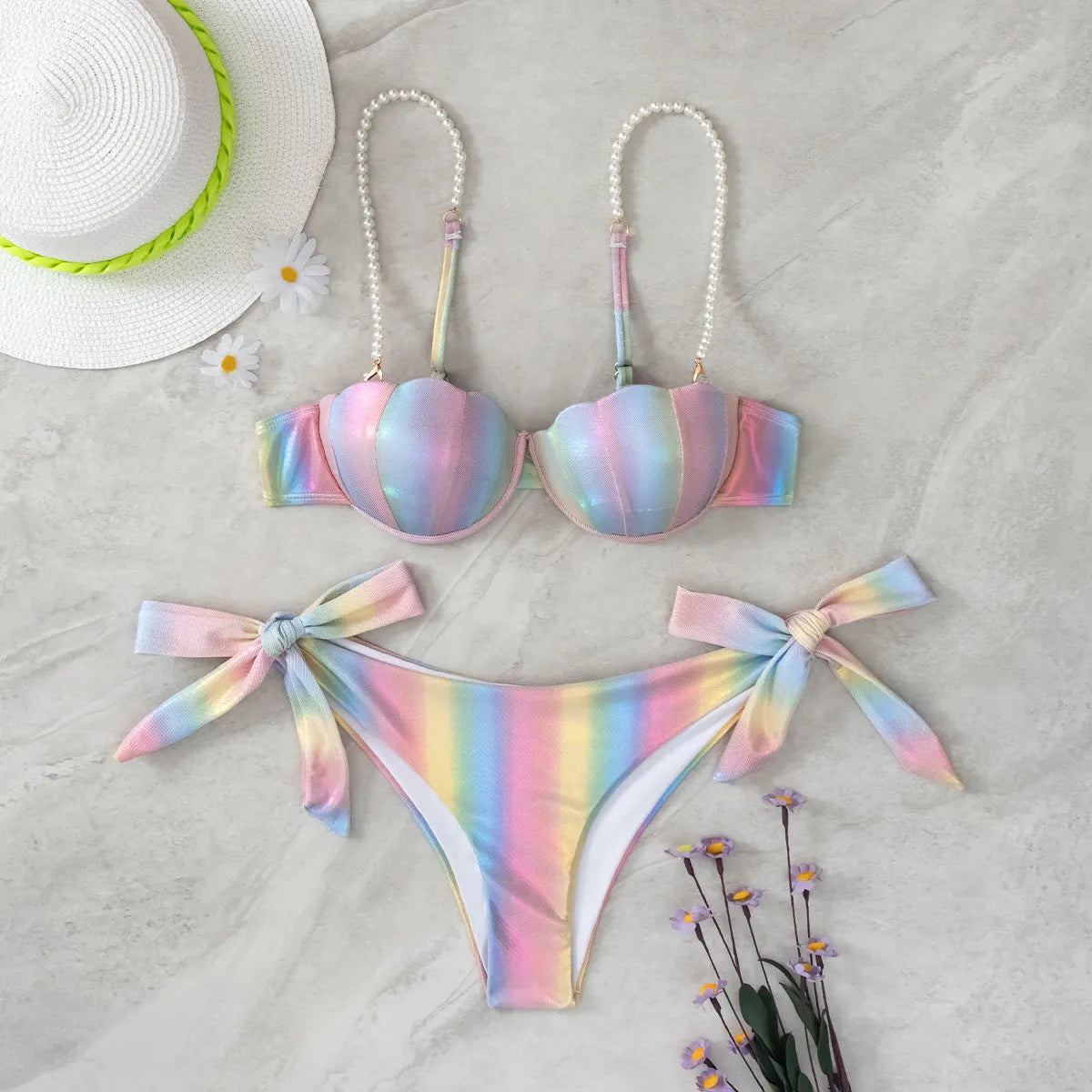Women's shell rainbow bikini split swimsuit with adjustable side ties in polyester fabric