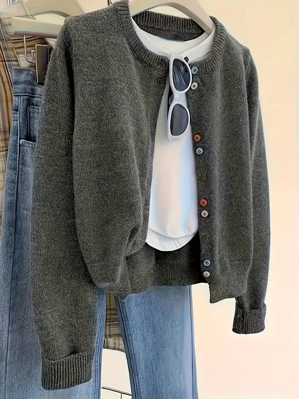 Women's dark grey polyester cardigan sweater with button front and long sleeves