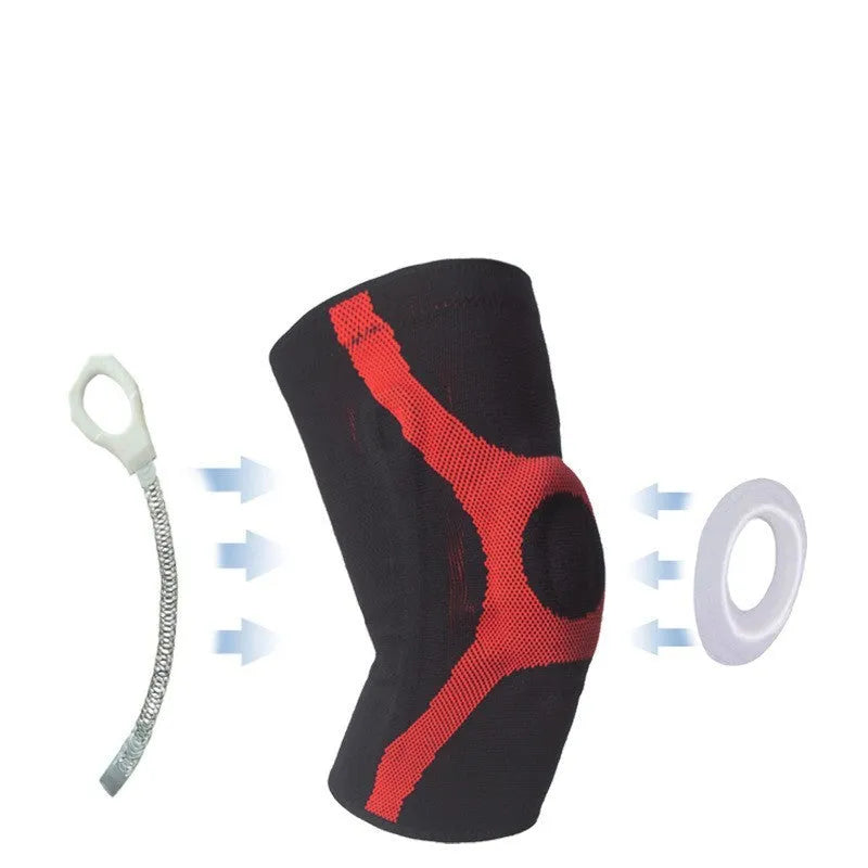 Silicon knitted non-slip knee pads for sports in red and grey colours with four size options