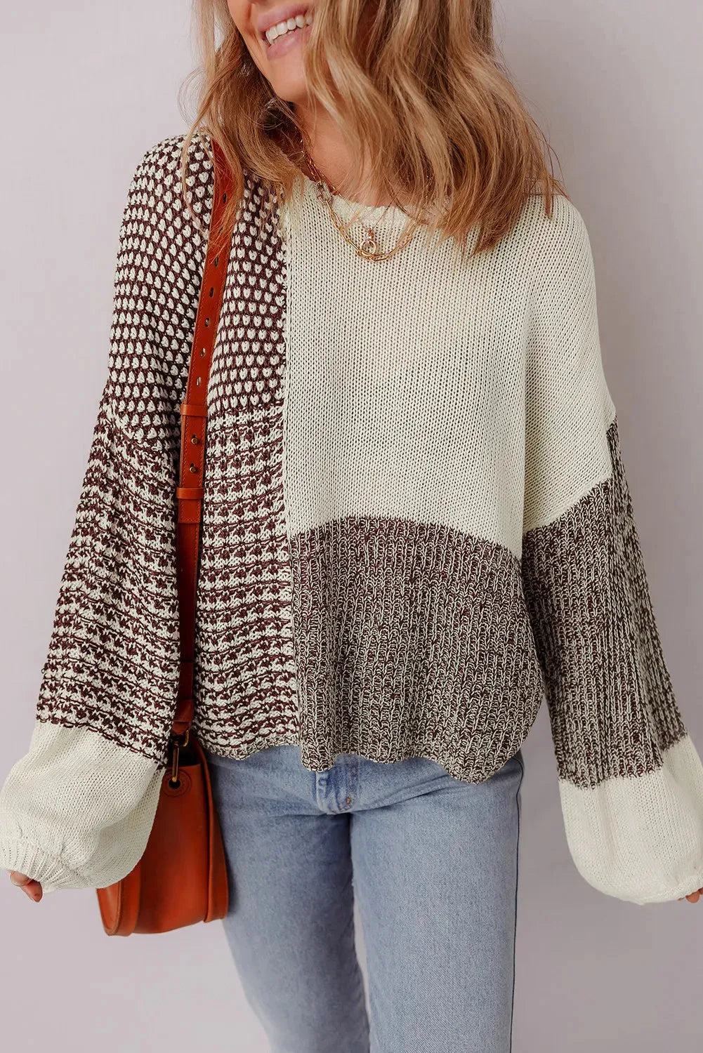 Dark khaki colour block women's sweater with drop shoulders and a back tie detail.