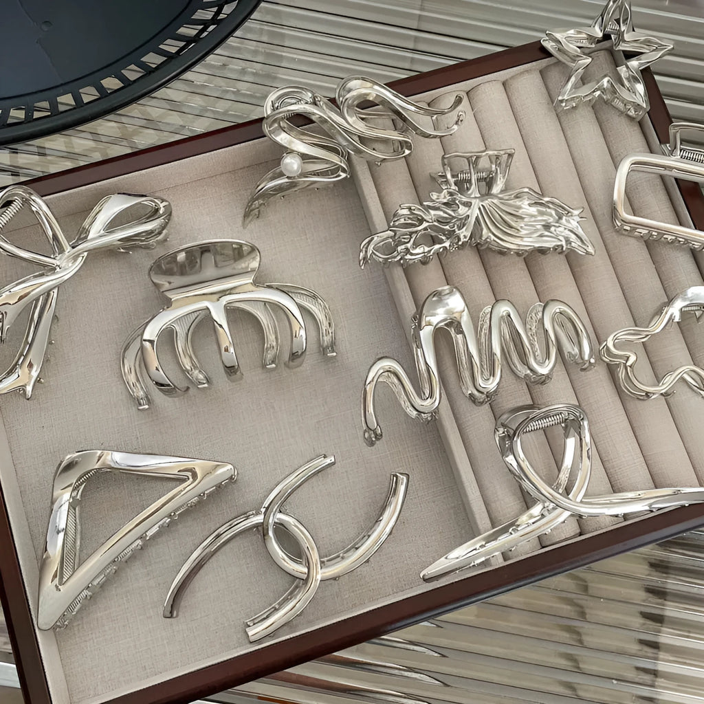 Silver metal barrettes hair claw set with multiple design variations and electroplated finish