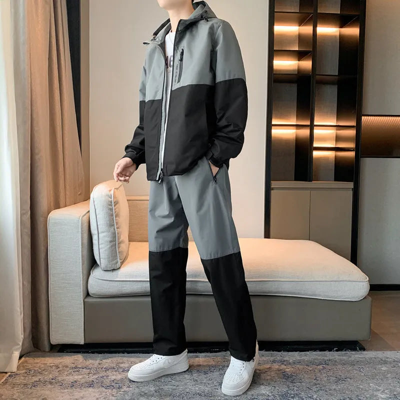 Men's casual hooded suit set with long-sleeve jacket and jogger pants in chemical fibre blend, multiple colour options, sizes M to 5XL