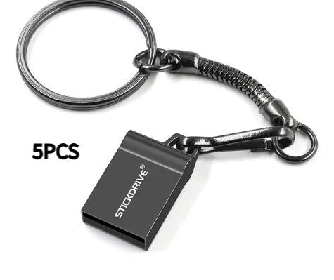 Metal USB flash drive on a keyring with options for necklace chain, shown in black and silver finishes.